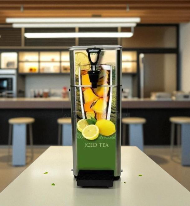 Newco FPM-1 lemonade dispenser with Tomlinson spout, excellent condition, label shows iced tea and lemons, fully tested.