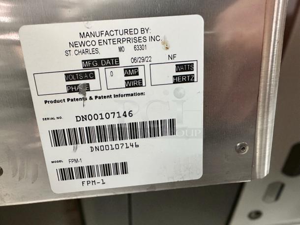 Newco FPM-1 lemonade dispenser tag showing model and serial number, excellent condition, fully tested.