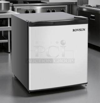Brand new ROVSUN BD-40-E mini fridge, 1.1 Cu. Ft., energy efficient, white with black trim, ideal for dorms and offices.