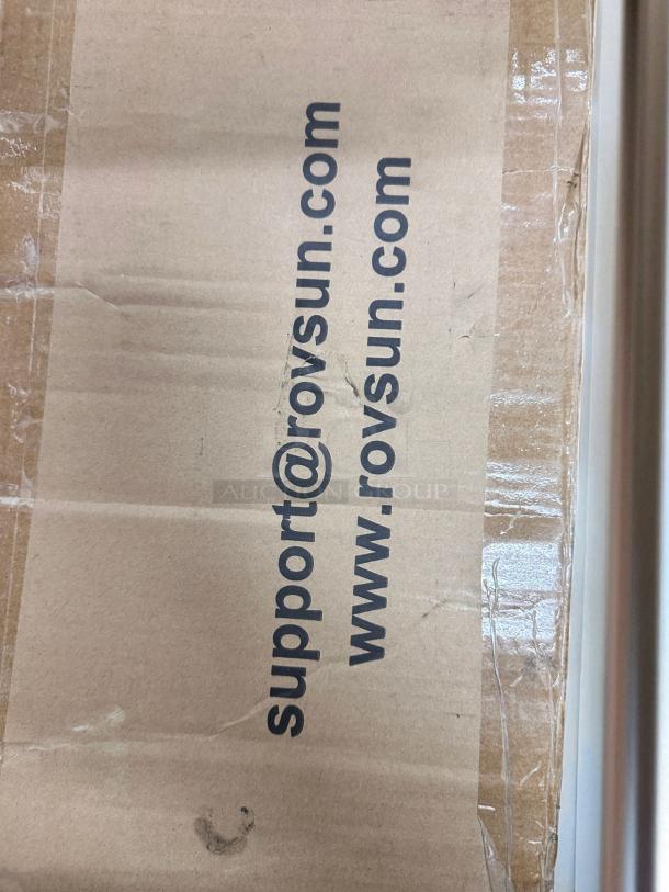 Cardboard packaging for ROVSUN BD-40-E mini fridge. Visible text: support@rovsun.com, www.rovsun.com. Appears unopened.