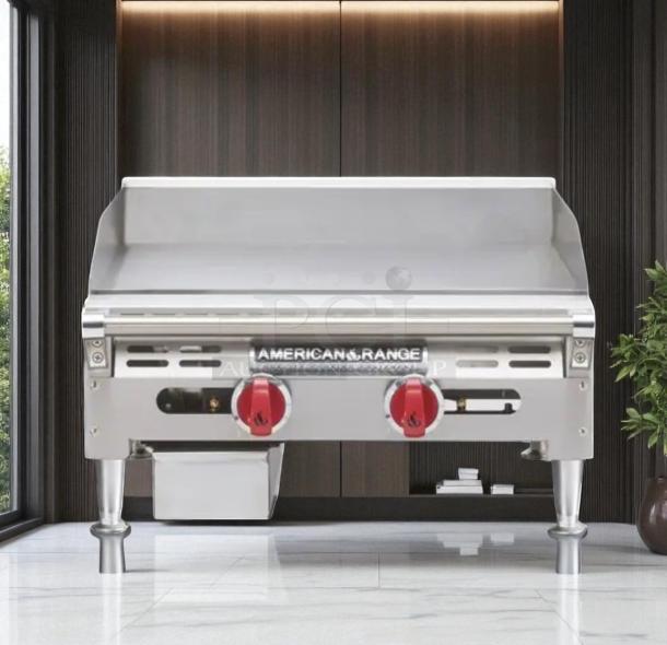 Brand new American Range AETG-136XT 36" heavy-duty gas griddle, natural gas, with legs, commercial grade.