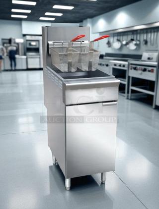 Brand new Black Diamond BDGF-ES35/NG 35 lb Energy Star gas fryer with baskets, stainless steel, in original packaging.