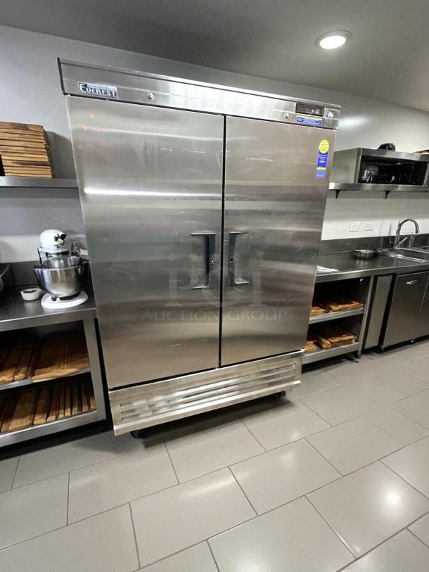 Everest EBR2D 2-Door Commercial Refrigerator, superb condition, stainless steel finish, fully tested, working, logo badge visible.