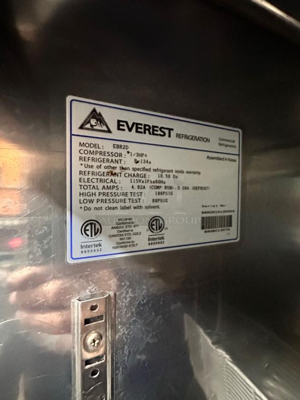 Everest EBR2D 2-door commercial refrigerator label, showing model, compressor details, and ETL certification markings.
