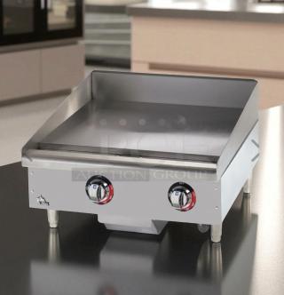 24" manual gas griddle, outstanding condition, stainless steel, dual control knobs, fully tested, commercial use.