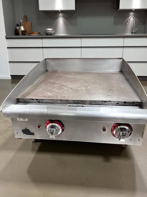 Outstanding condition commercial 24" manual gas countertop griddle, stainless steel, fully tested, dual controls visible.