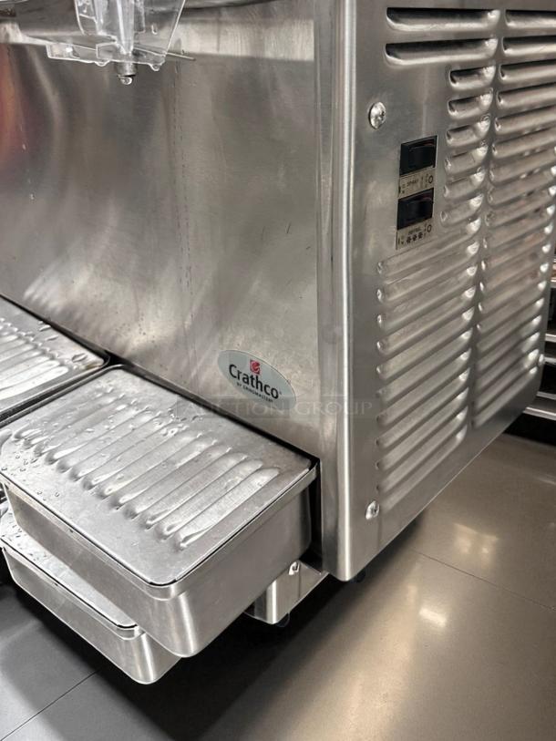 Crathco D25-3 beverage dispenser, stainless steel, 5-gallon x2, 115V, outstanding condition, Grindmaster logo visible.