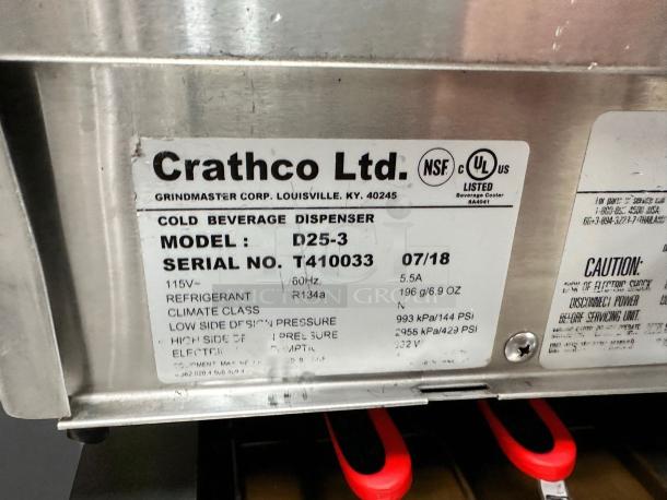 Crathco D25-3 beverage dispenser, 5-gallon capacity, in excellent condition. NSF and UL listed, 115V, fully tested.