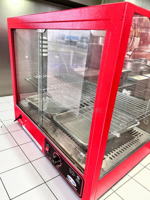 Cozoc FW5004-2 27" countertop heated display case, red frame, excellent condition, shelves inside, 120V, fully tested.