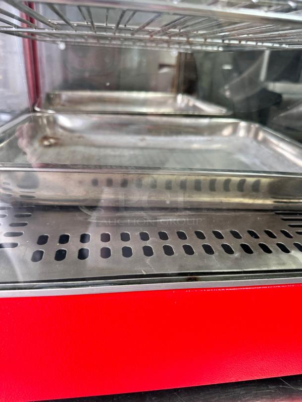 Cozoc FW5004-2 heated display case, 27" countertop, superb condition, stainless steel interior, red exterior, 120V, fully tested.