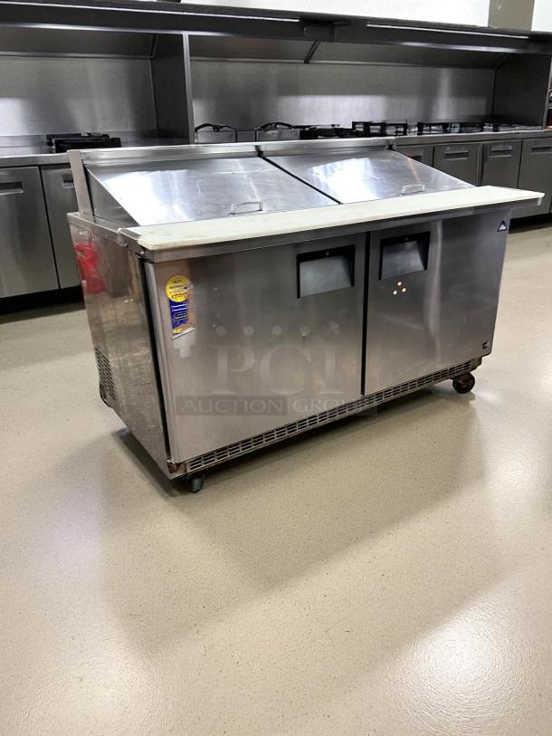 Everest EPBWR2, 2-door refrigerated prep table, stainless steel, top-tier condition, fully tested, 115V, with label details.