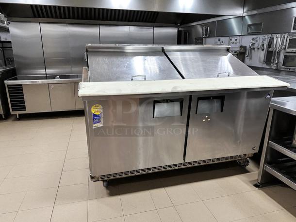 Everest EPBWR2 2-door refrigerated sandwich/salad prep table, stainless steel, excellent condition with visible energy efficiency label.