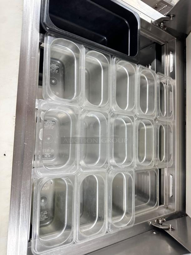 Everest EPBWR2 prep table with clear food pans, stainless steel finish, top-tier condition, fully tested, 2-door model.