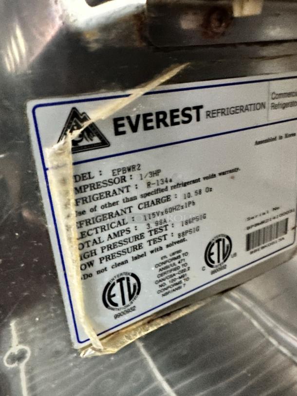 Everest EPBWR2 label, showing model details, 1/3HP compressor, R-134a refrigerant, 115V electrical specs, and ETL certification.