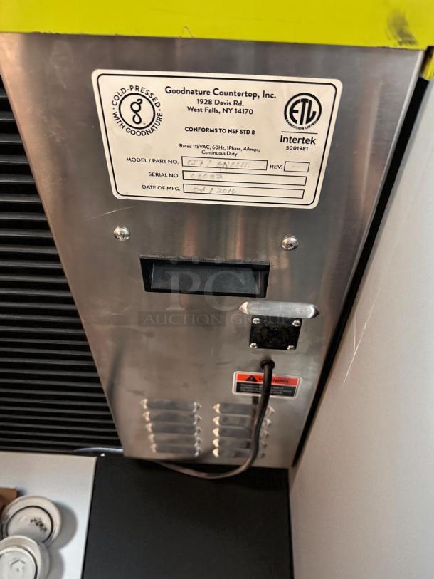 Goodnature CT7 Cold Press Juicer, superb condition, 115V, fully tested, model/serial labels visible, Oct 2016 manufacture.