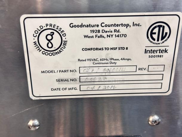Goodnature CT7 juicer label showing model, serial number, and manufacturing date. Rated 115VAC, ETL listed.