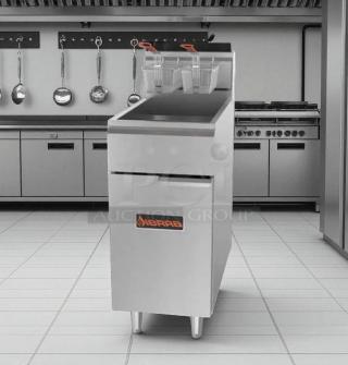 Sierra SRF-40-30 40 lb commercial deep fryer, top-tier condition, natural gas, fully tested, with dual fry baskets.