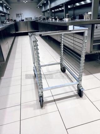 Commercial aluminum pan rack, 20-slot, fits 18"x26" pans, heavy-duty, large wheels, excellent condition, fully tested.