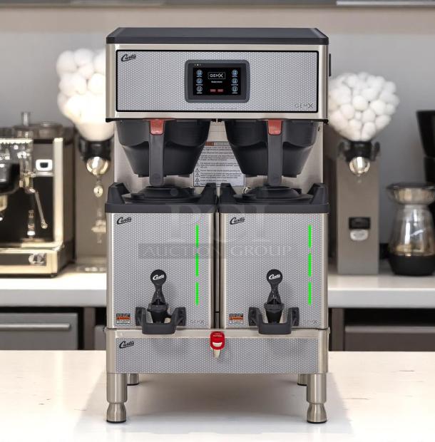 Wilbur Curtis G4GEMT10A1000 dual automatic coffee brewer, excellent condition, 220V, dual taps, stainless steel, fully tested.