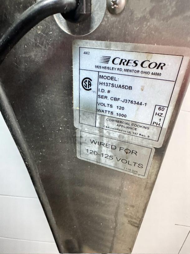 Cres Cor Commercial Hot Holding Cabinet, Model H137SUA5DB, 120V, fully tested, serial CBF-J376344-1, wired for 120-125 volts.
