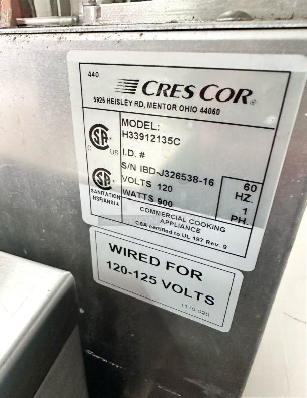Cres Cor H33912135C hot holding cabinet, superb condition, 120V, 900W, tested and working. Model and labels visible.