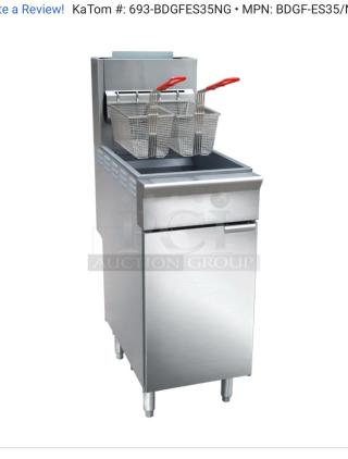 Black Diamond BDGF-ES35/NG 35 lb gas fryer, natural gas, brand new in box, stainless steel, two fryer baskets included.