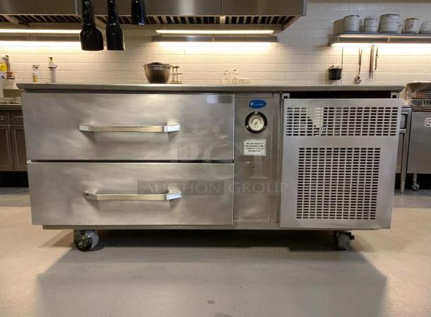 Randell refrigerated chef base, 2-drawer, stainless steel, superb condition, tested, working, visible pressure gauge.