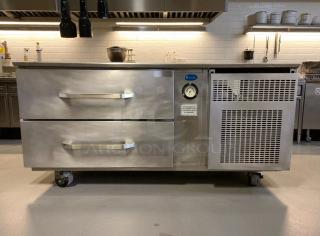 Randell refrigerated chef base, 2-drawer, stainless steel, superb condition, tested, working, visible pressure gauge.