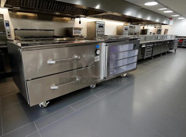 Randell stainless steel refrigerated chef base, 2-drawer, superb condition, tested and working, with visible temperature gauge.