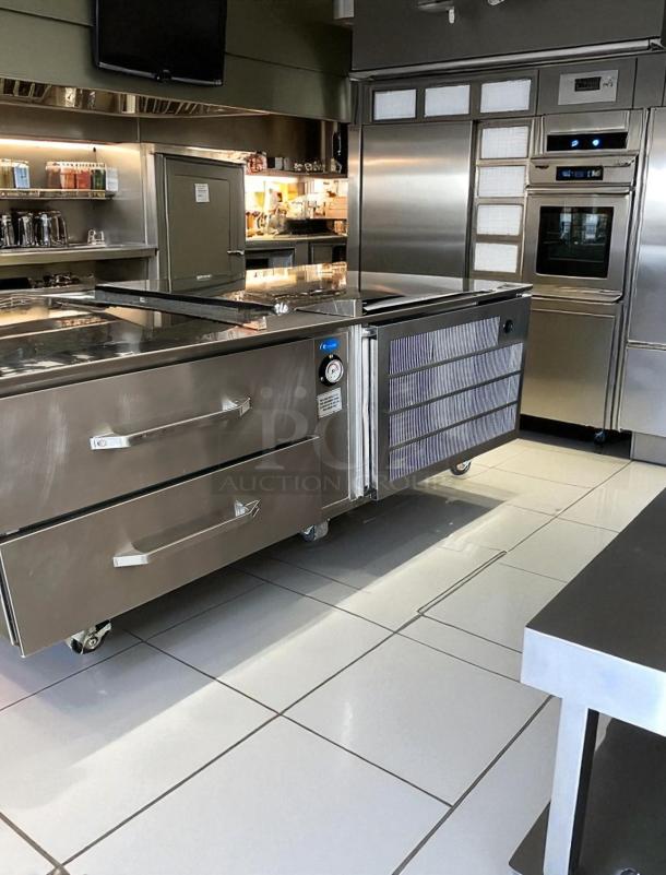 Randell refrigerated chef base, superb condition, 2 stainless steel drawers, tested and working, on wheels.