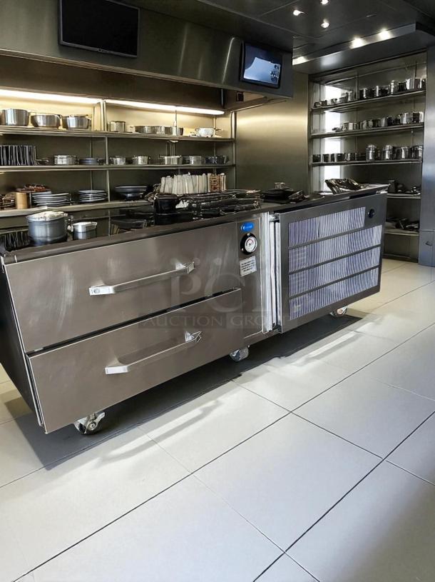 Randell refrigerated chef base, stainless steel, 2 drawers, superb condition, tested and working, with control panel and casters.