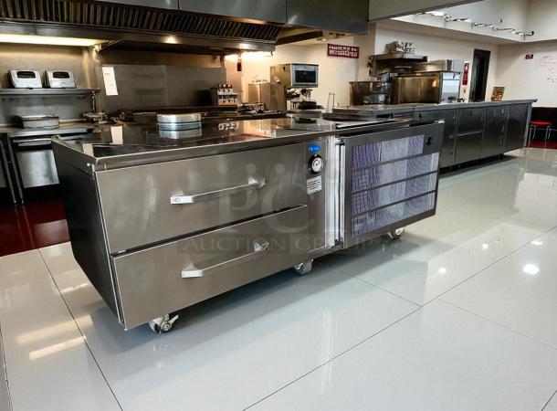 Superb condition Randell refrigerated chef base, 2-drawer, stainless steel, tested, working, on casters, gauges visible.