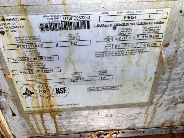 Pitco FBG24 gas fryer's label, showing 120,000 BTU, natural gas, 87 lbs tank, certifications, and installation clearances.