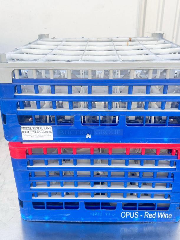 Lot of RIEDEL & OPUS glassware in crates, includes beverage, wine, and coffee glasses. Fully cleaned, ready to use.