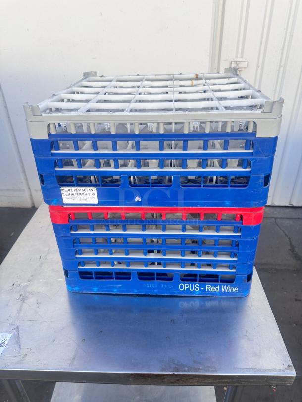 Lot of RIEDEL & OPUS glassware in crates. Includes beverage, wine, coffee glasses. Outstanding condition, fully cleaned, ready to use.