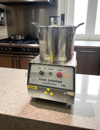 VEVOR MP-FC310 10L food processor, stainless steel, 1100W, top-tier condition, fully tested and working, on countertop.