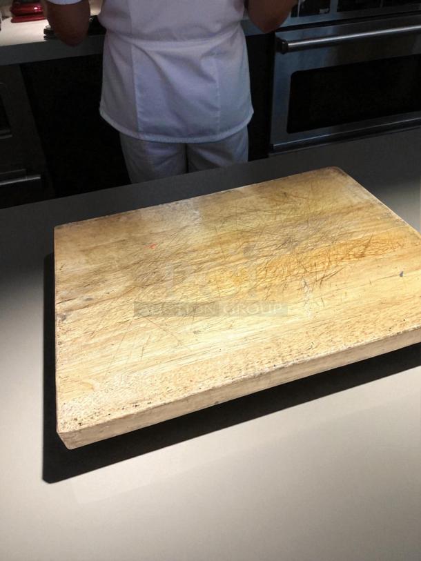Heavy-duty wood butcher block cutting board, thick, commercial grade, solid condition, fully cleaned, ready to use.
