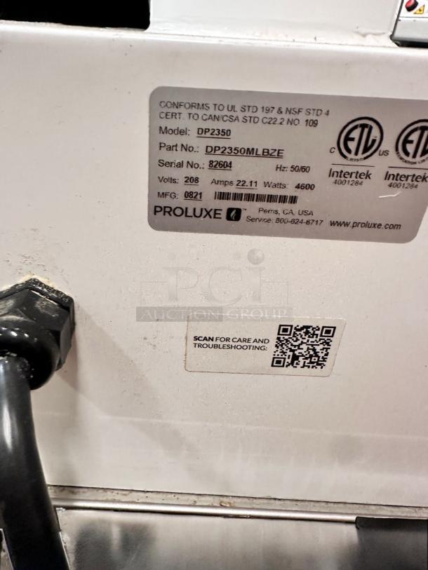 Proluxe DP2350 Pizza Dough Press label, model DP2350, serial 82604, digital temp control, tested & working. 18" platen.