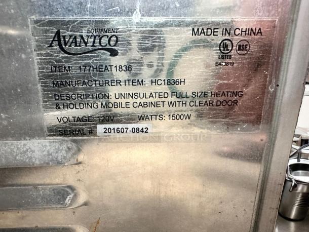 Avantco HEAT1836 full-size mobile heating cabinet label, 120V, 1500W, model HC1836H, UL and NSF listed, made in China.