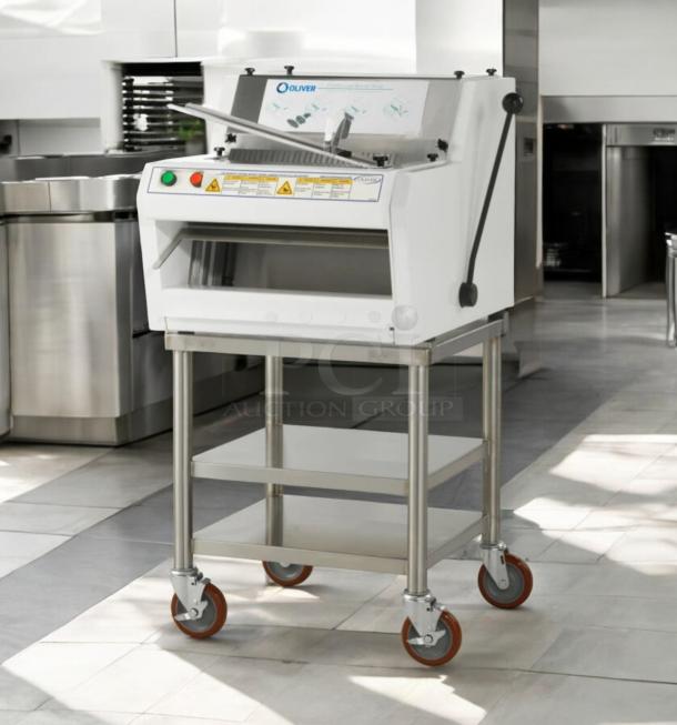 Oliver Model 624 Front Load Bread Slicer, 115V, fully tested, outstanding working condition, features sturdy metal cart.