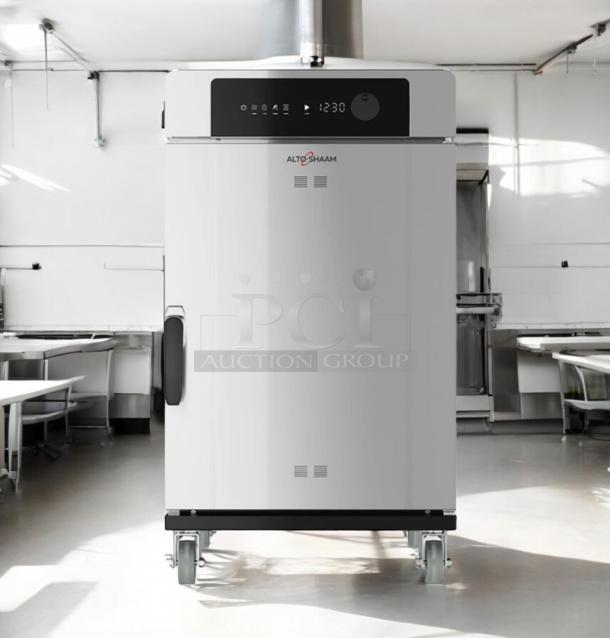 Brand new Alto-Shaam 1000-TH low-temp cook & hold oven, 120V, sealed in box, pristine condition, model 1000-TH visible.