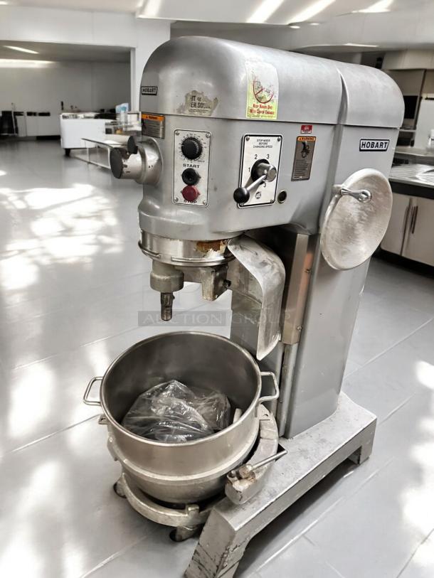 Hobart H300 30 Qt Planetary Mixer in like-new condition, 3 phase, fully tested, with operational controls and stainless steel bowl.