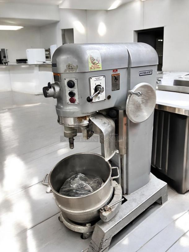 Like-new Hobart H300 30 Qt planetary mixer; 3 phase, fully tested, stainless steel bowl, control panel visible, excellent condition.