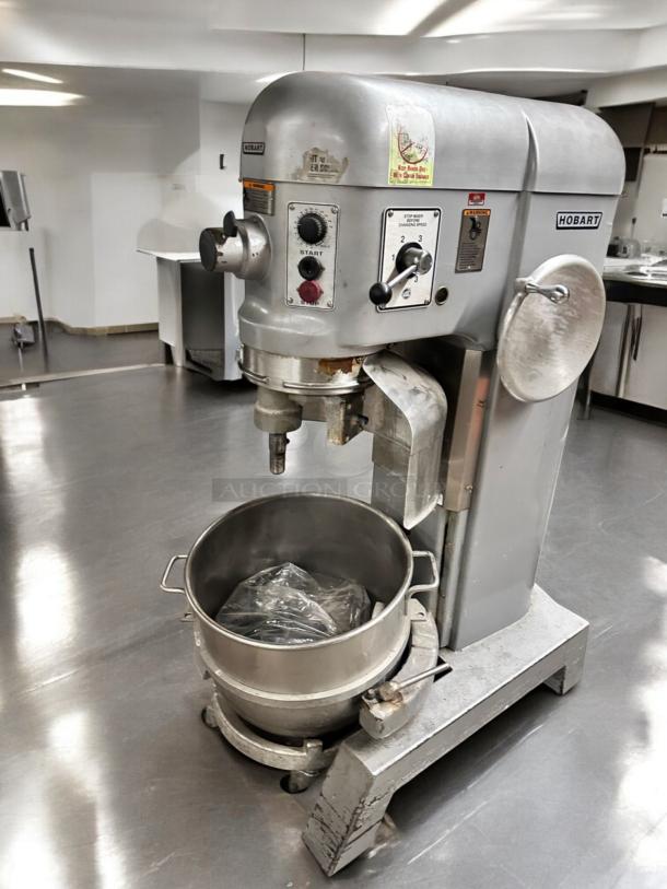 Hobart H300 30 Qt Planetary Mixer, like-new, 3 phase, fully tested, visible controls and labels, stainless steel bowl.