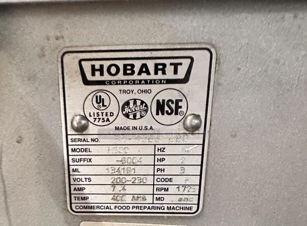 Hobart H300 – 30 Qt Planetary Mixer label showing model, serial number, UL, NSF, voltage, and specs. Made in USA.