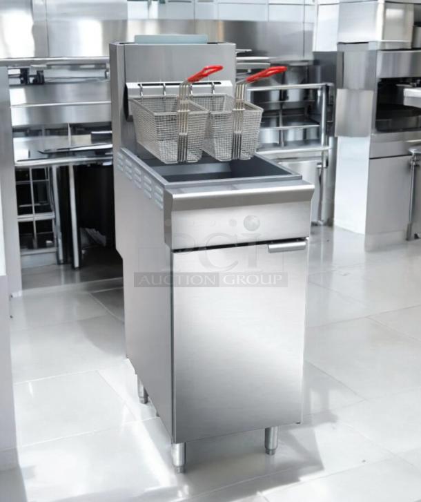 Brand new Black Diamond BDGF-ES35/NG 35 lb Energy Star gas fryer, stainless steel, factory sealed, dual baskets, natural gas.