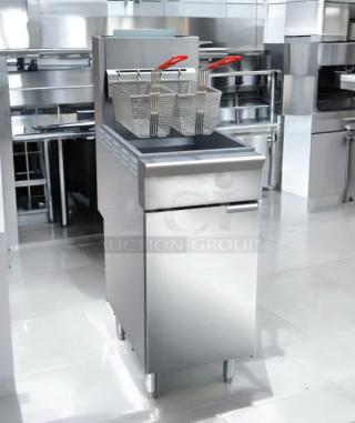 Brand new Black Diamond BDGF-ES35/NG 35 lb Energy Star gas fryer, stainless steel, factory sealed, dual baskets, natural gas.
