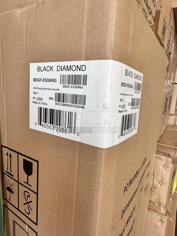Brand new Black Diamond BDGF-ES35/NG 35 lb Energy Star gas fryer, natural gas, factory sealed box with label details.
