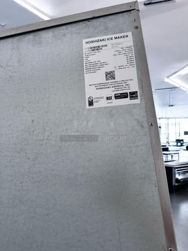 Outstanding condition Hoshizaki KM-1900SAJ3 ice maker with double bin, 208-230V, fully tested, visible specs label.