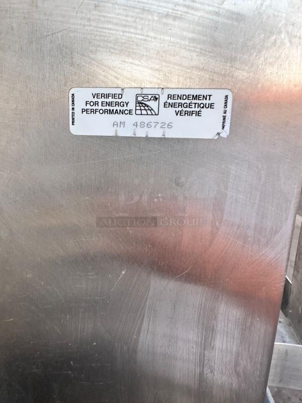 Hoshizaki KM-1900SAJ3 ice maker label, CSA verified for energy performance, model AM 486726. Stainless steel surface.